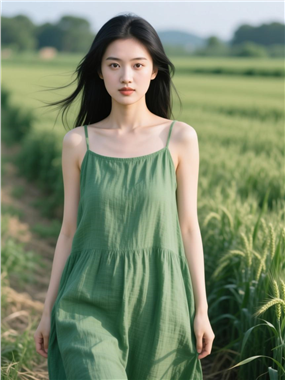 绿色稻田吊带裙美女写真图片